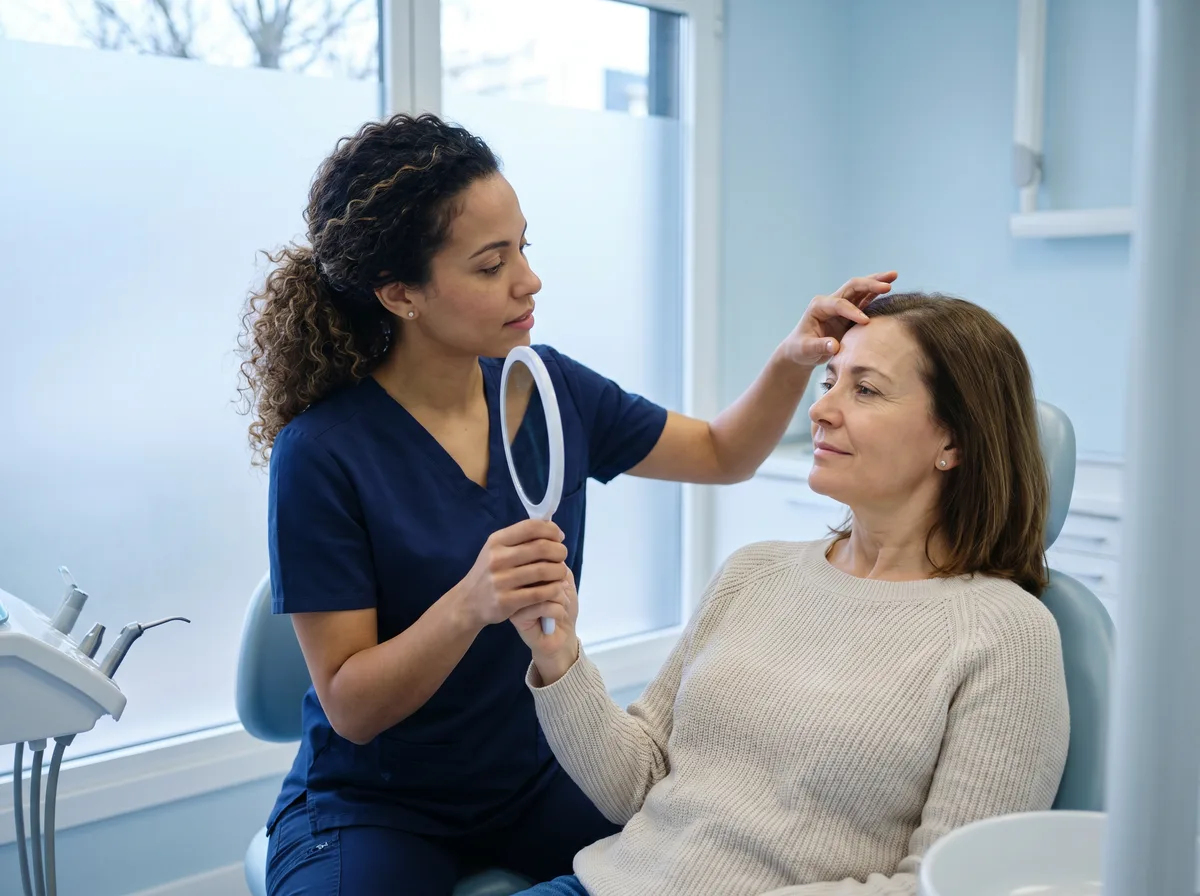 Dentista realizando avaliação facial antes do procedimento de botox