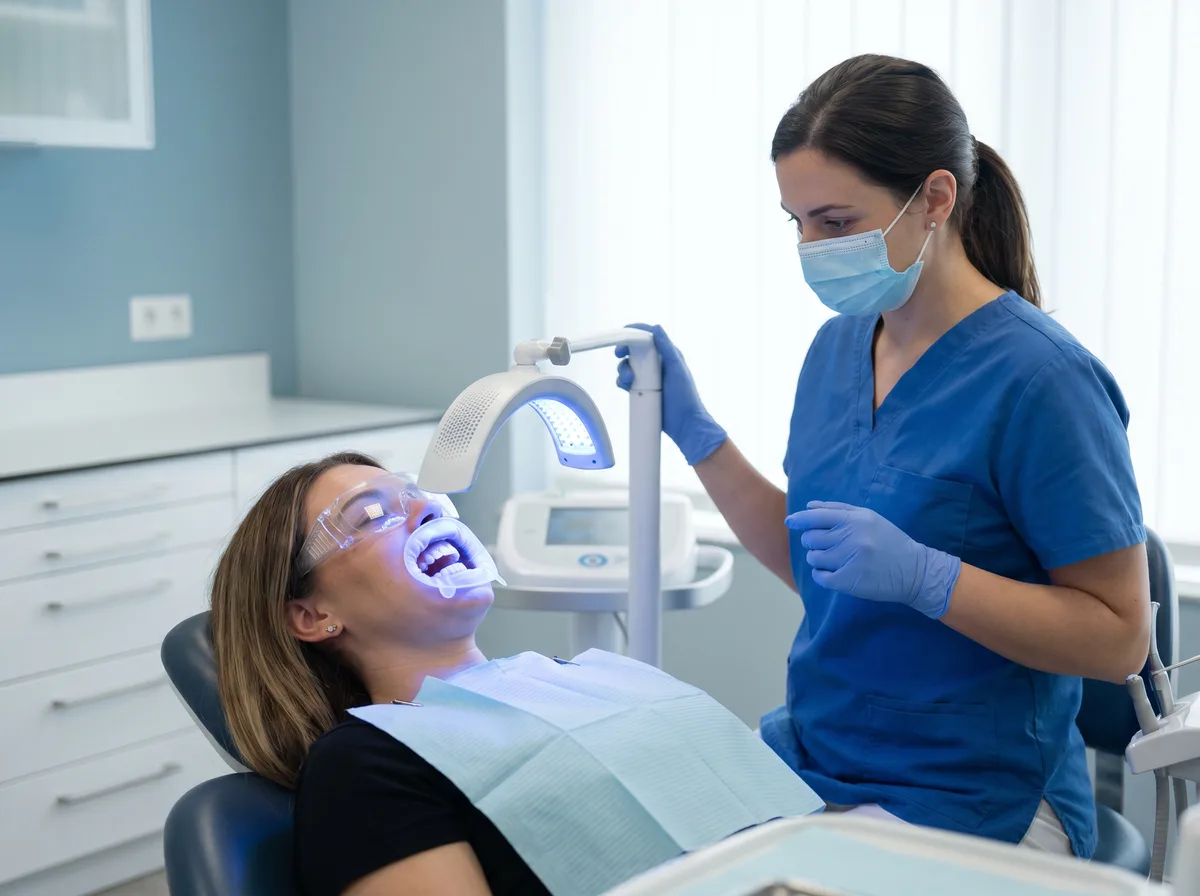 Dentista aplicando gel clareador com tecnologia a laser em consultório