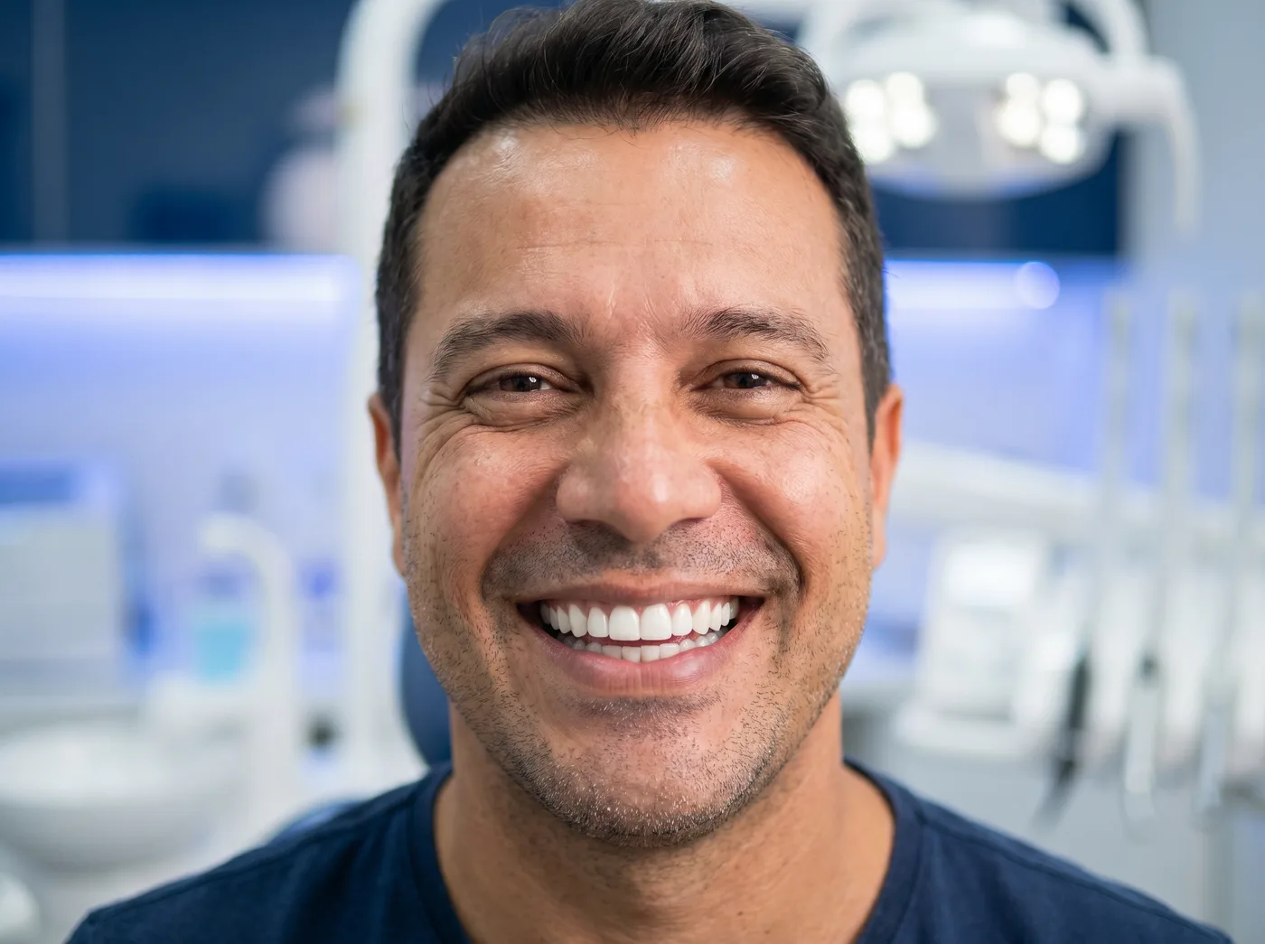 Paciente sorrindo com dentes brancos após clareamento dental na Oral Brasil