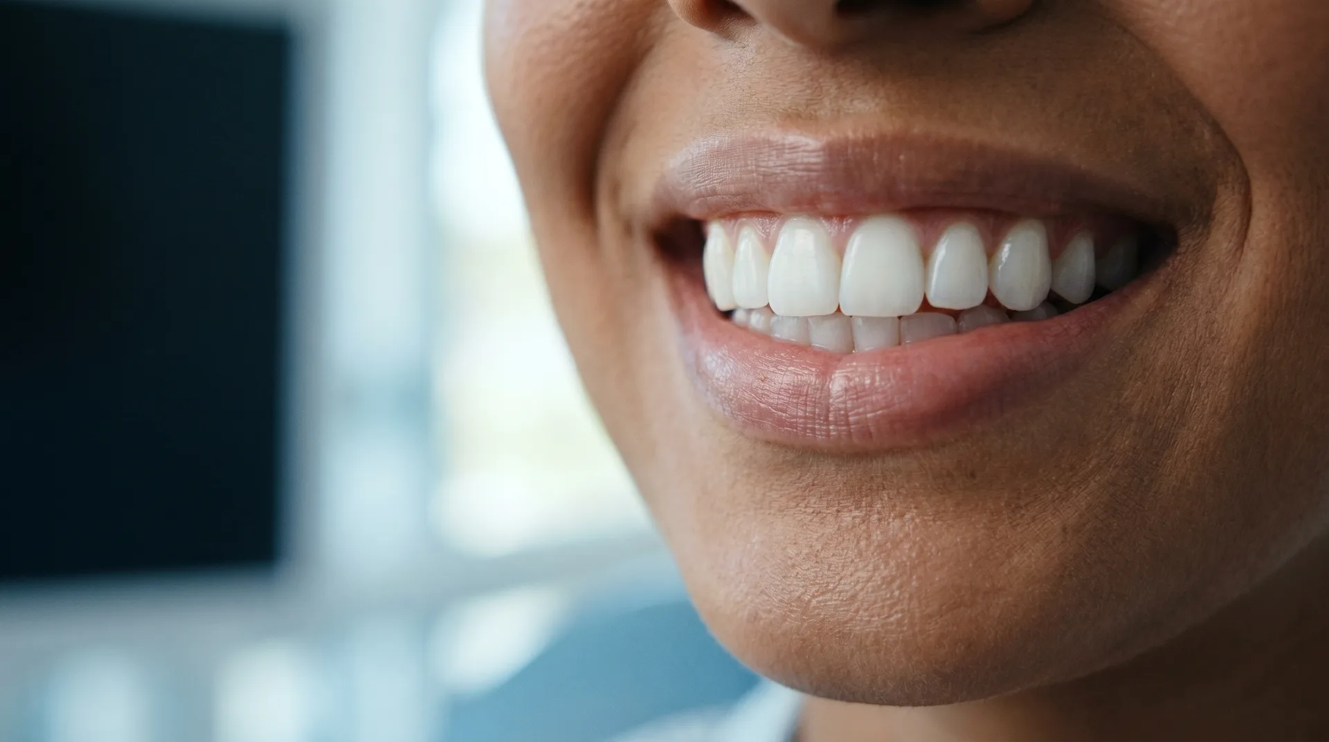 Paciente sorrindo com dentes brancos após clareamento dental na Oral Brasil