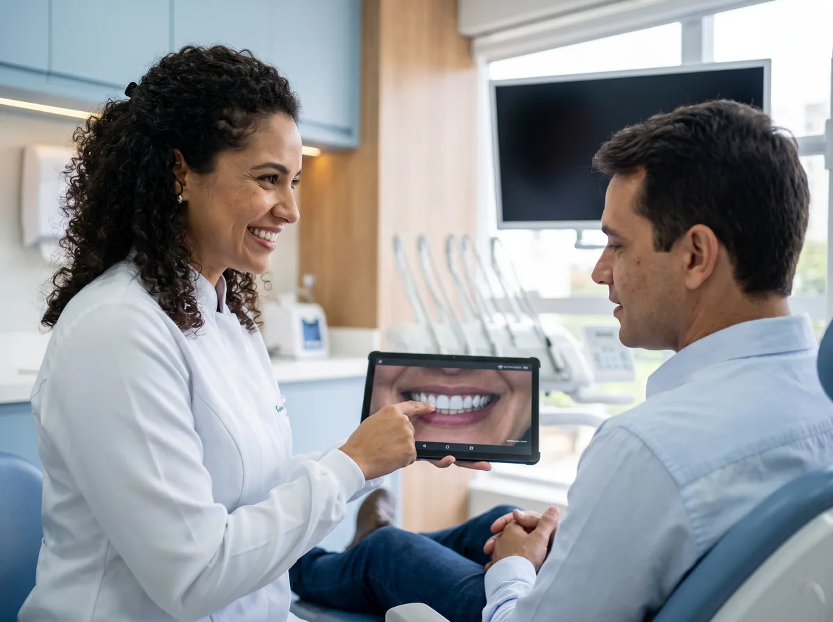 Dentista mostrando simulação digital do novo sorriso ao paciente