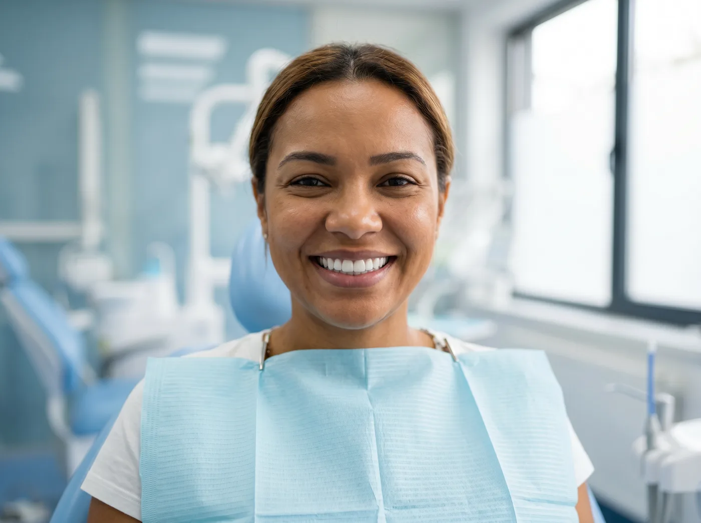 Sorriso branco e alinhado após colocação de lentes de porcelana na Oral Brasil