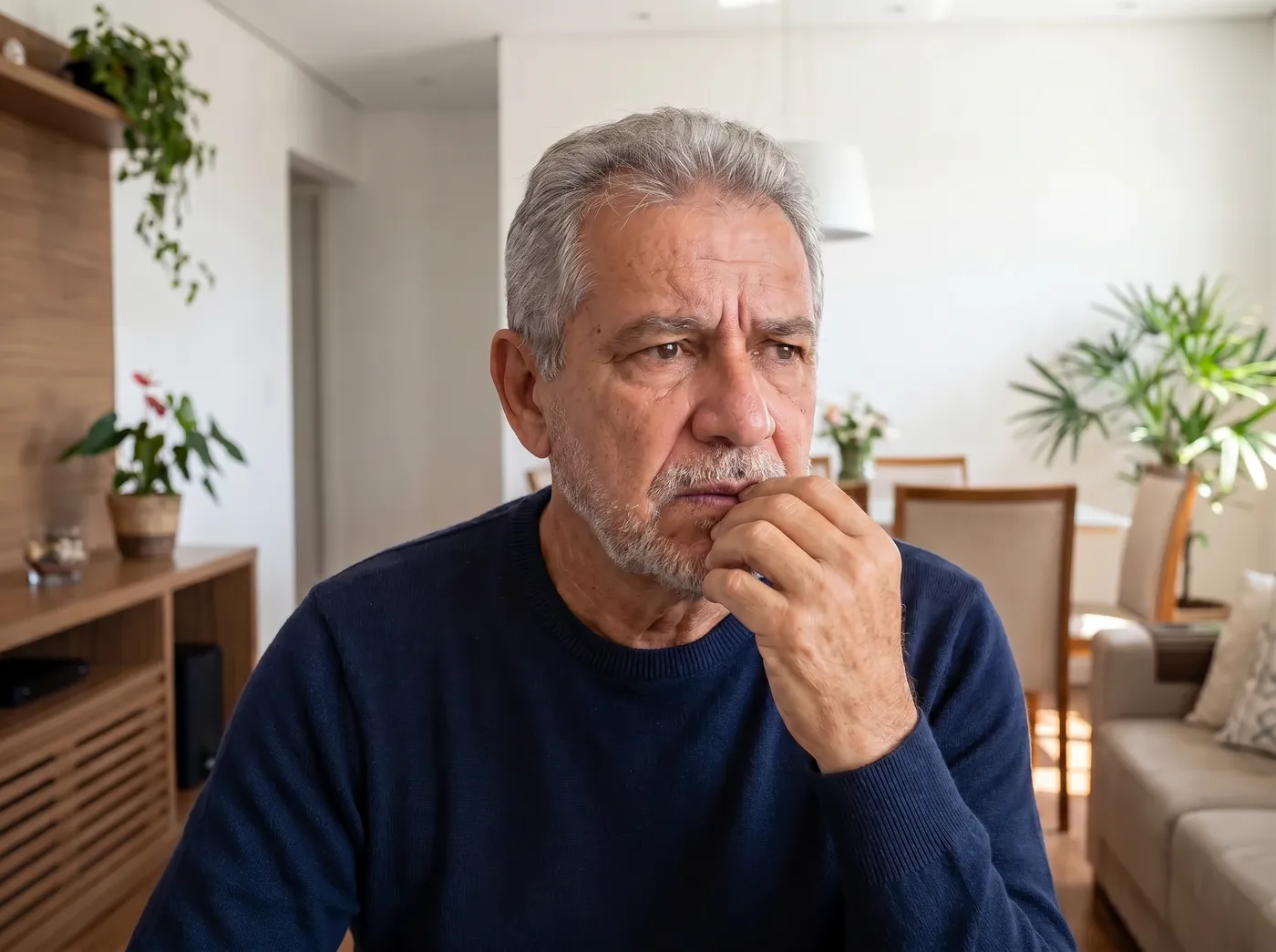 Senhor preocupado em casa