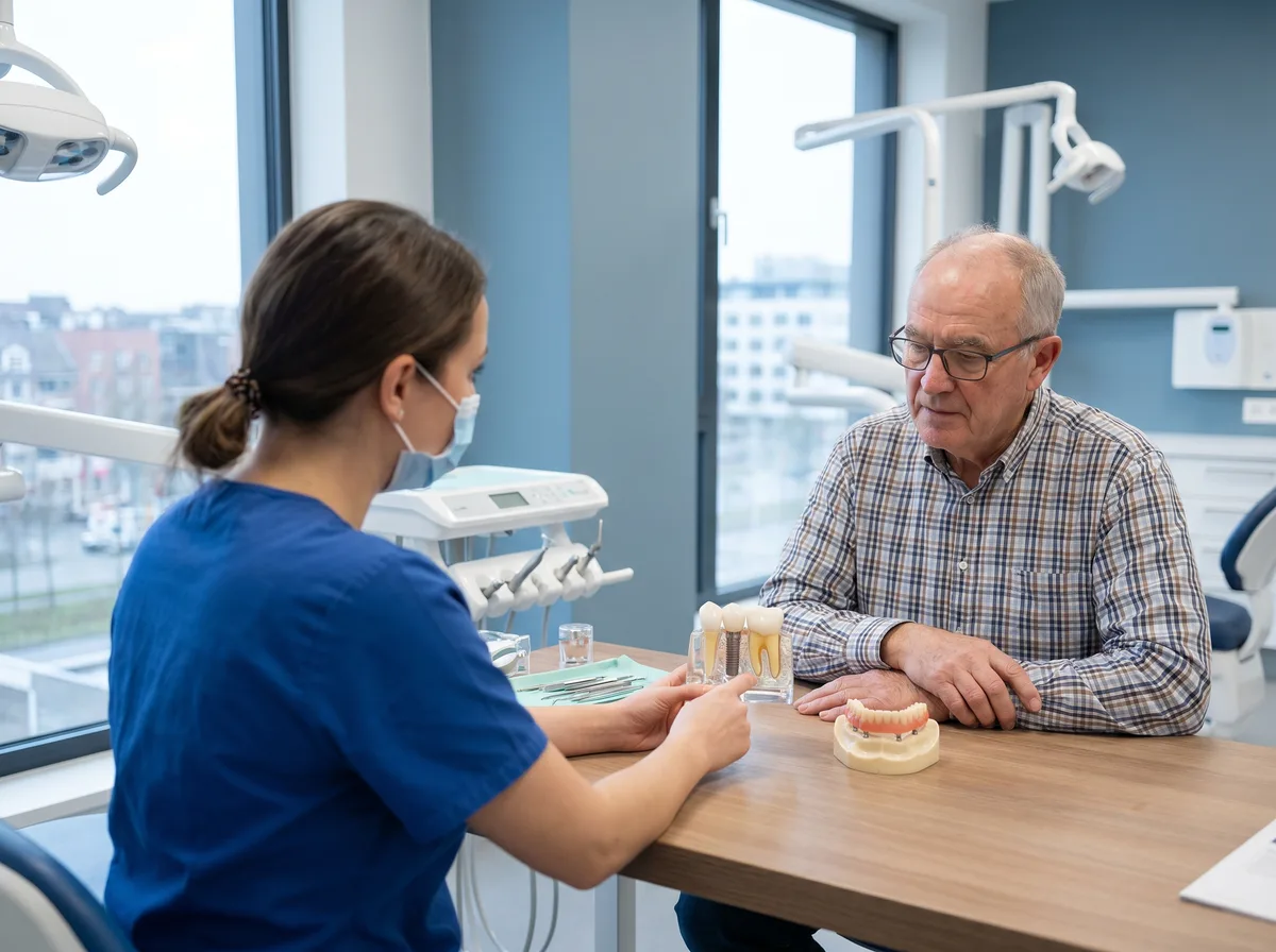 Implante dentário com coroa sendo instalado por especialista da Oral Brasil