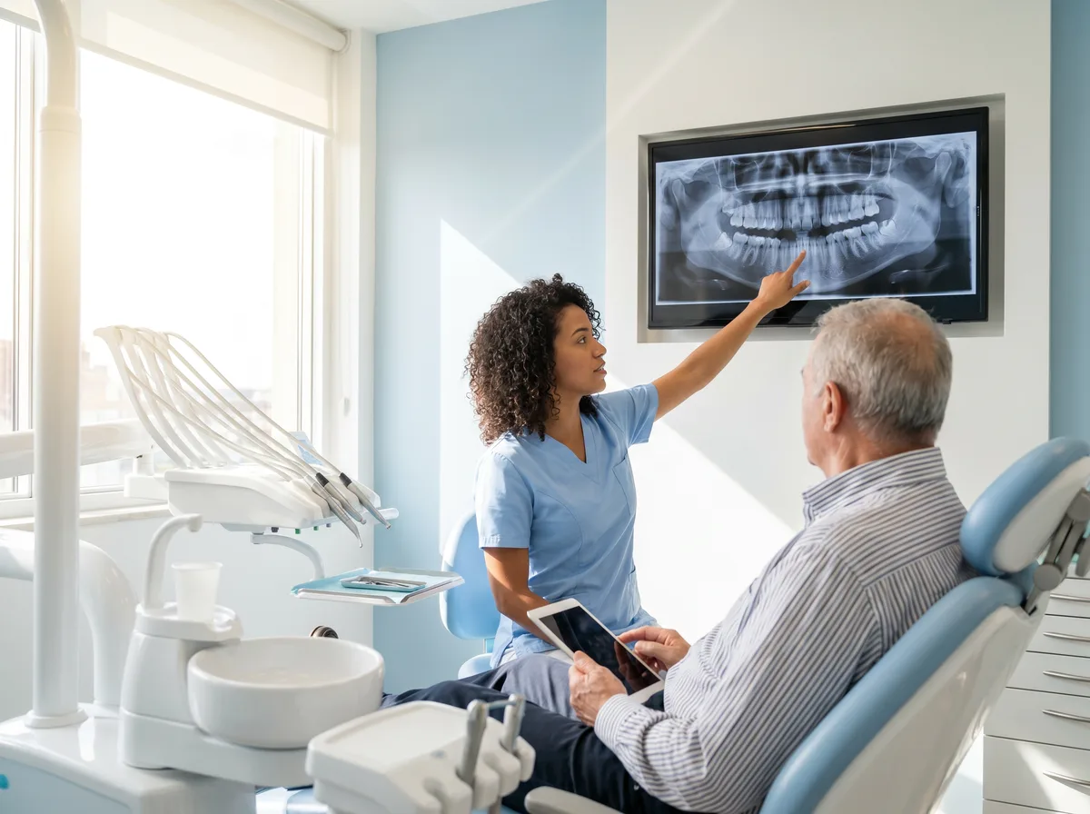 Dentista revisando exame de imagem para planejamento de implante dentário