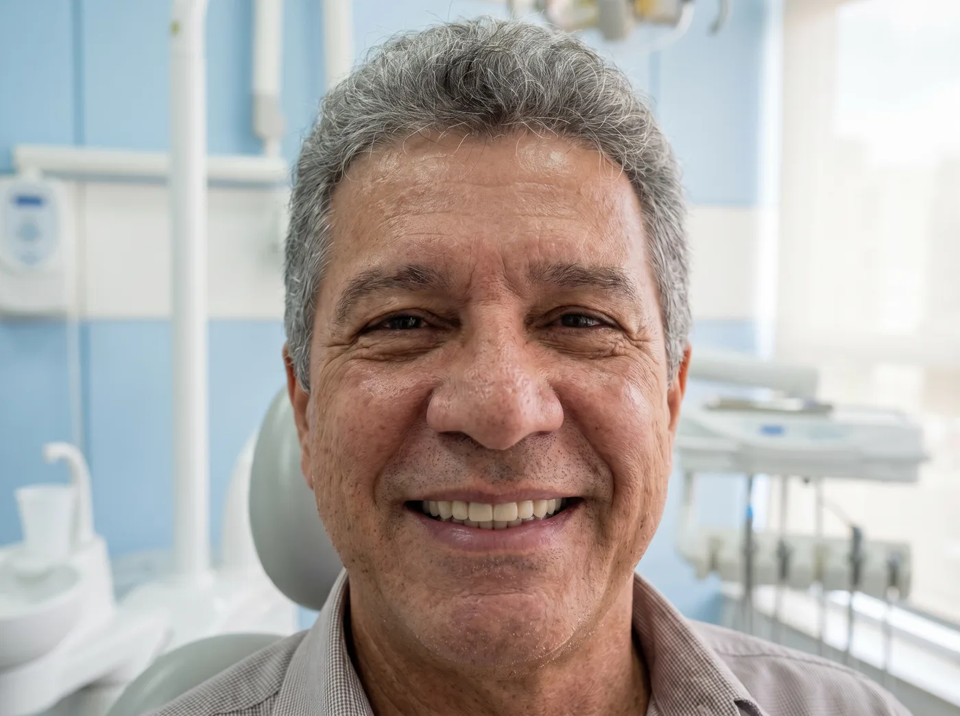 Paciente com novo sorriso após reabilitação com prótese sobre implante na Oral Brasil
